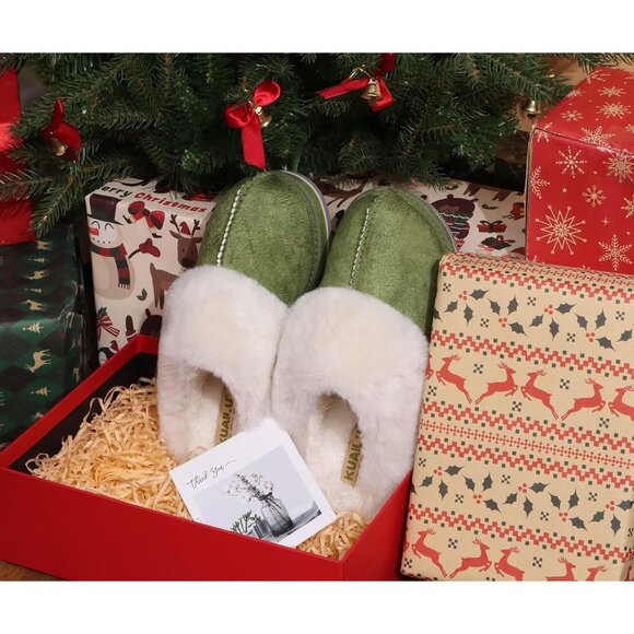 🆕Women Green Suede Fluff Dual Memory Foam Arch Support Warm Scuff Slipper - Picture 5 of 11